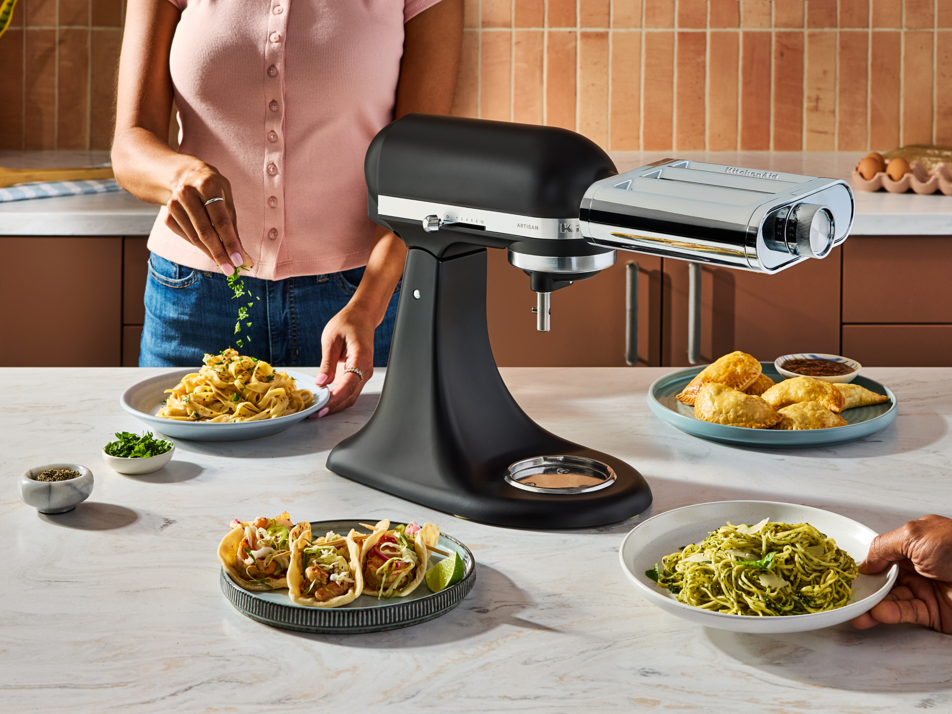 Prepared dishes using the pasta attachment. 