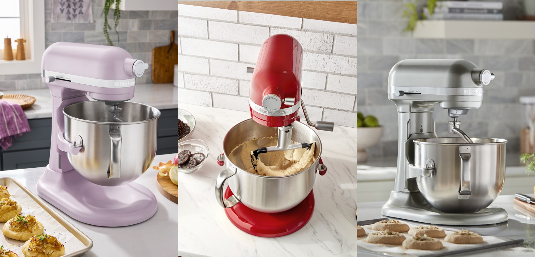 KitchenAid® stand mixers in various stages of use.