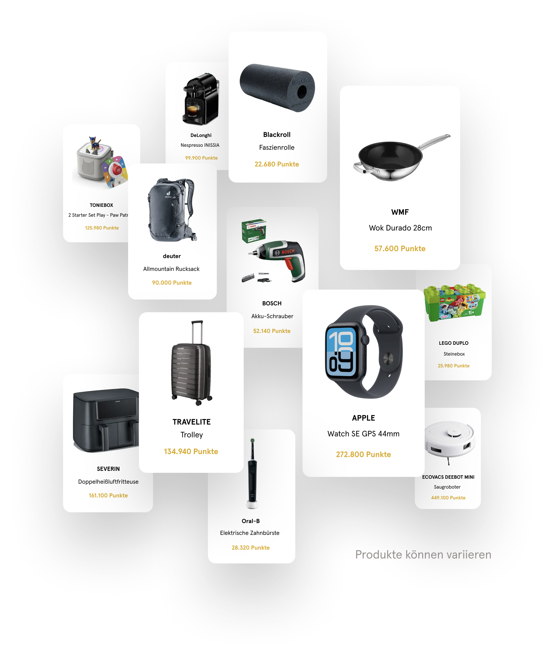 Abbildung von verschiedenen Prämien. Die Punkte können in Sachprämien eingelöst werden.
