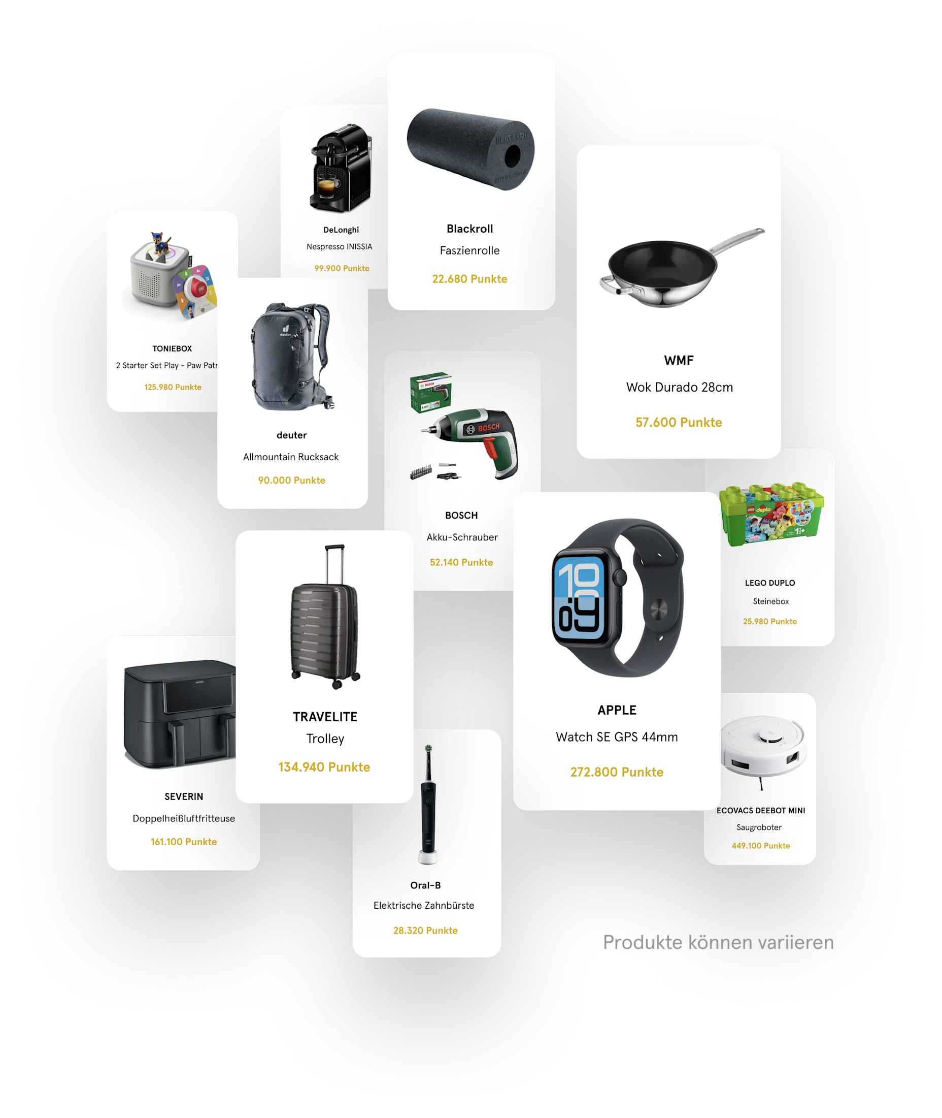 Abbildung von verschiedenen Prämien. Die Punkte können in Sachprämien eingelöst werden.