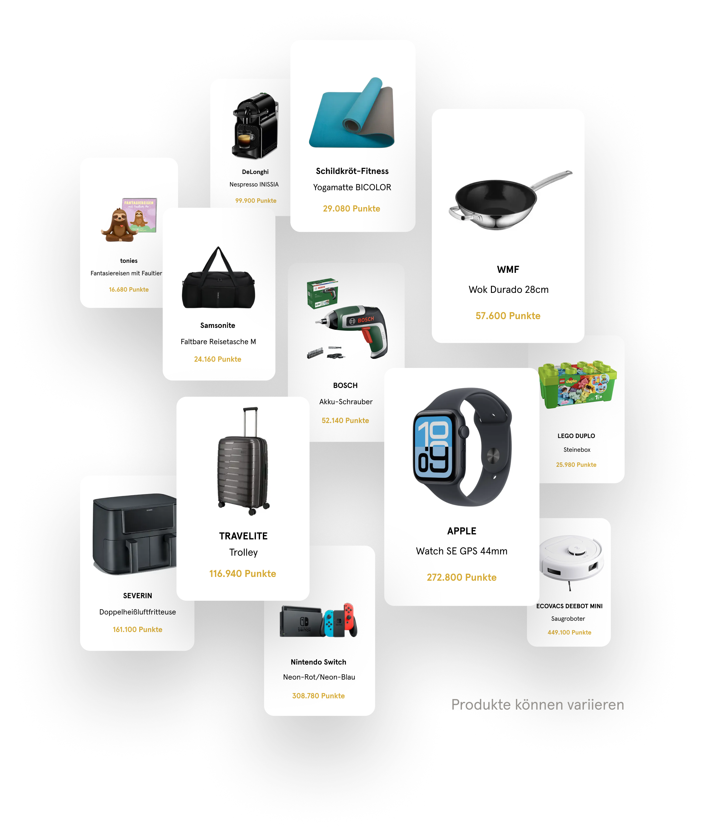 Abbildung von verschiedenen Prämien. Die Punkte können in Sachprämien eingelöst werden.
