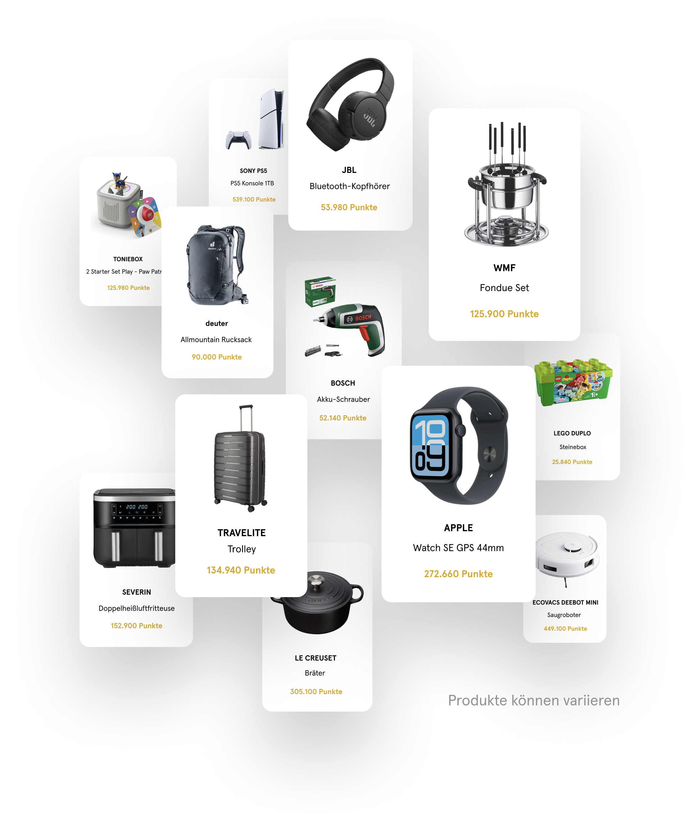 Abbildung von verschiedenen Prämien. Die Punkte können in Sachprämien eingelöst werden.