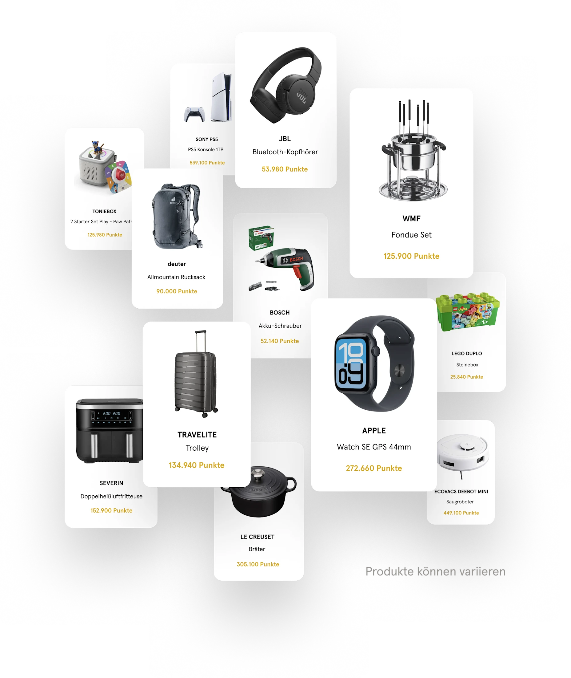 Abbildung von verschiedenen Prämien. Die Punkte können in Sachprämien eingelöst werden.