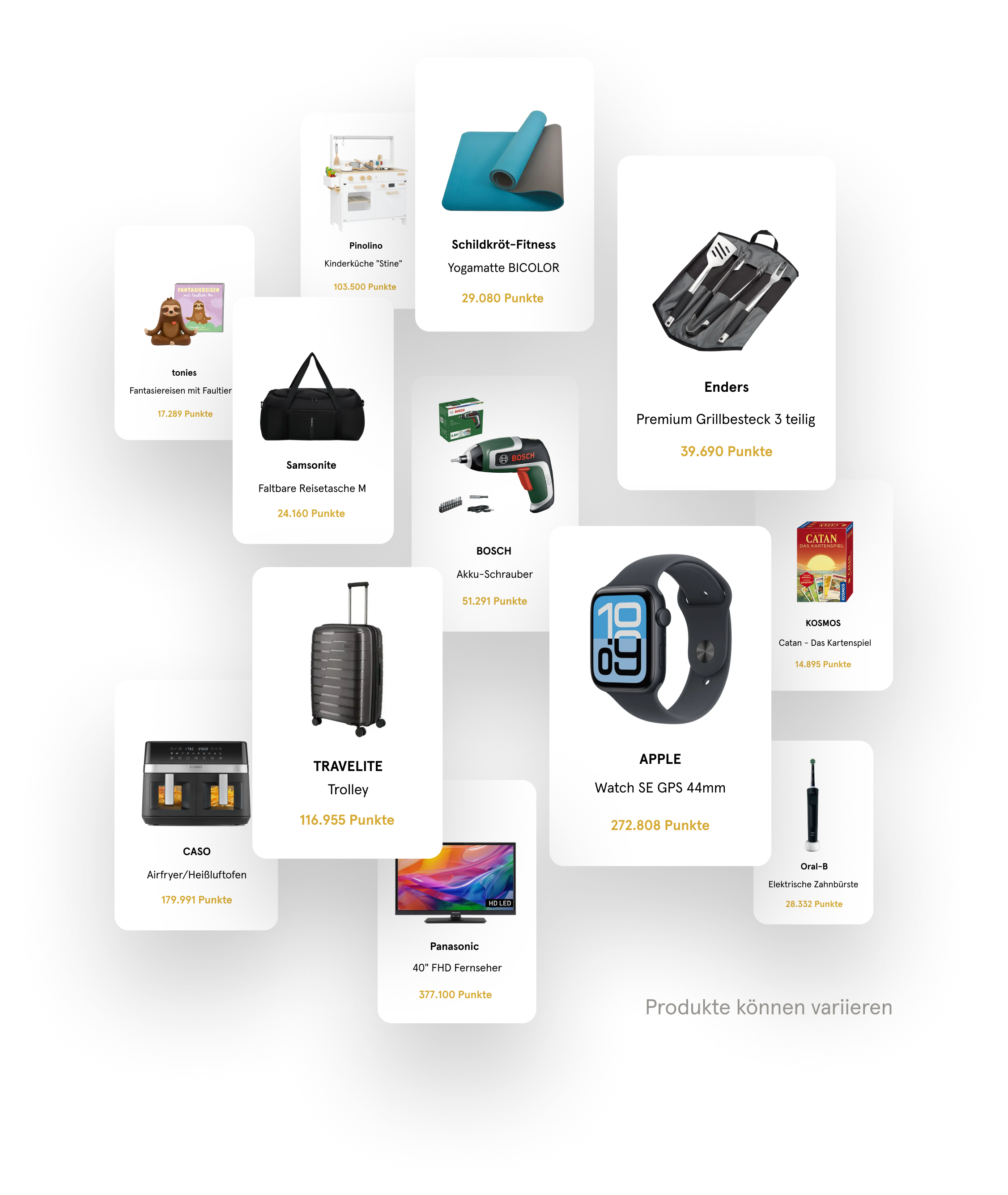 Abbildung von verschiedenen Prämien. Die Punkte können in Sachprämien eingelöst werden.