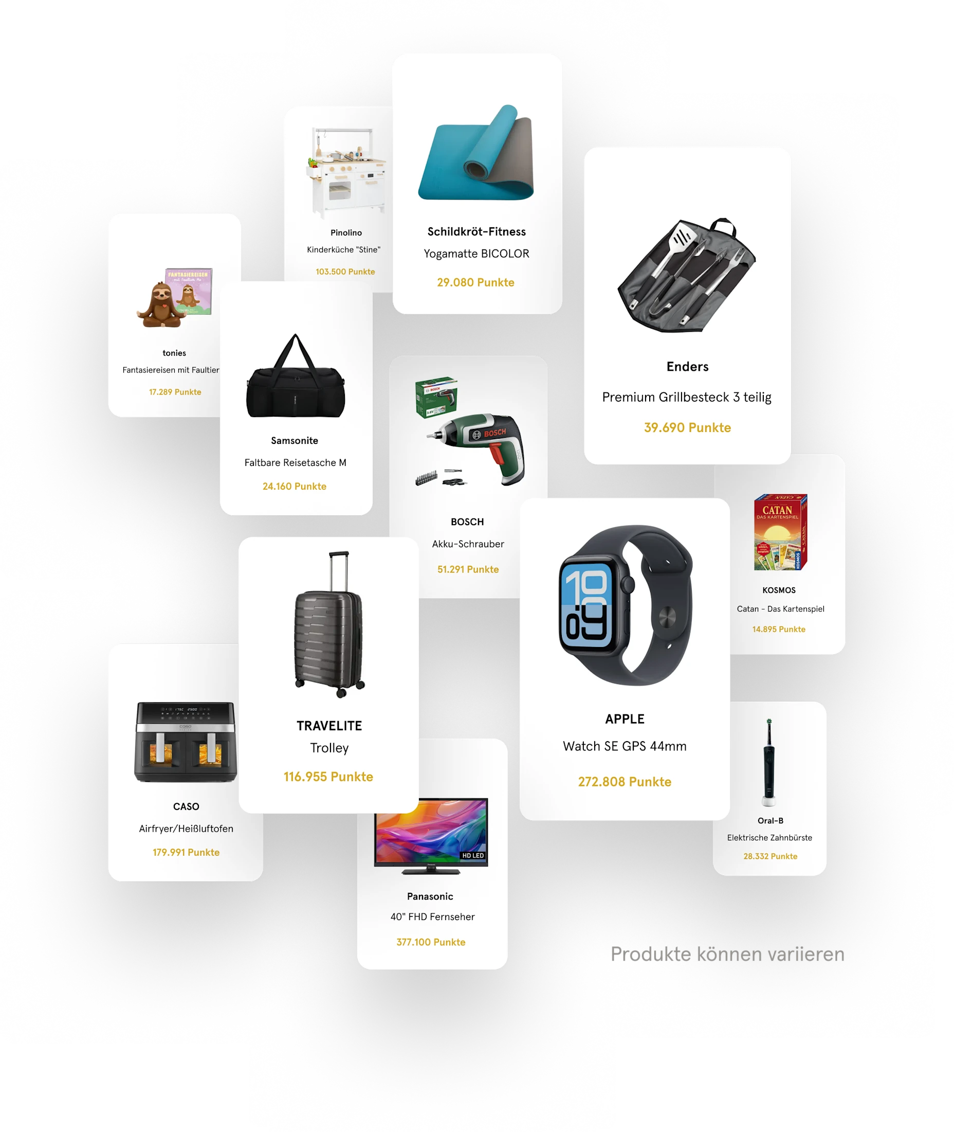 Abbildung von verschiedenen Prämien. Die Punkte können in Sachprämien eingelöst werden.