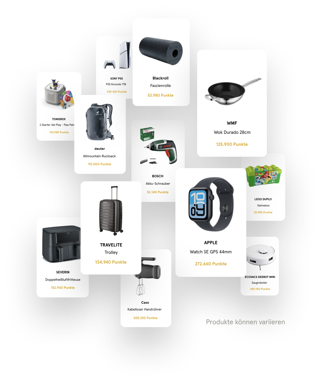 Abbildung von verschiedenen Prämien. Die Punkte können in Sachprämien eingelöst werden.