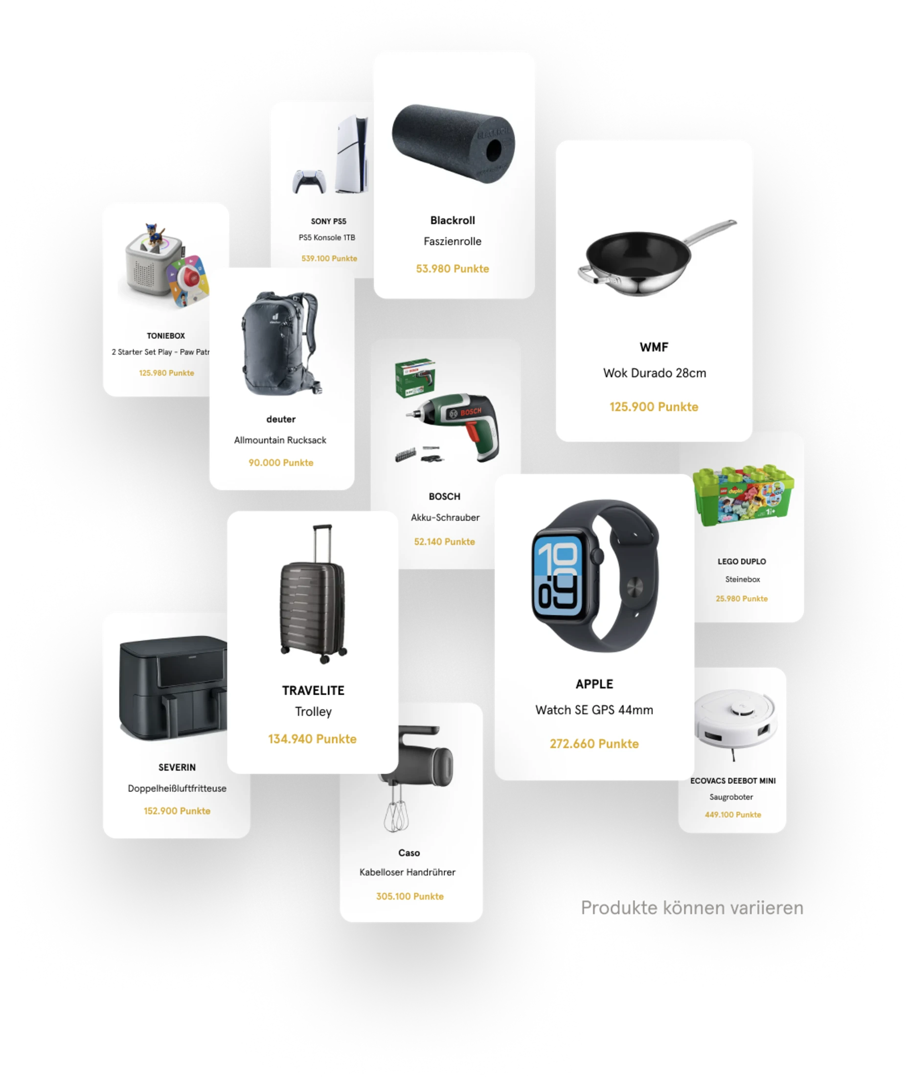 Abbildung von verschiedenen Prämien. Die Punkte können in Sachprämien eingelöst werden.