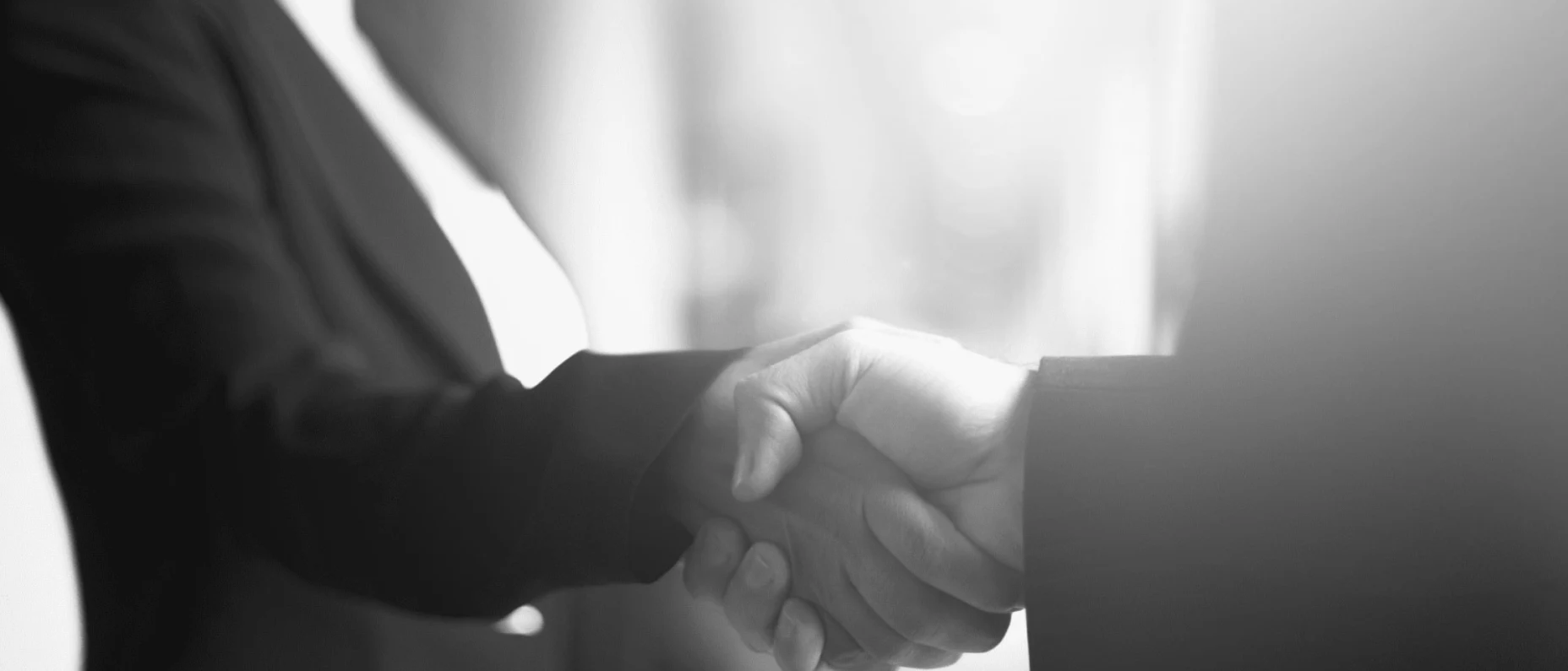 Schwarz-Weiß-Bild von zwei Personen, die sich die Hände schütteln.