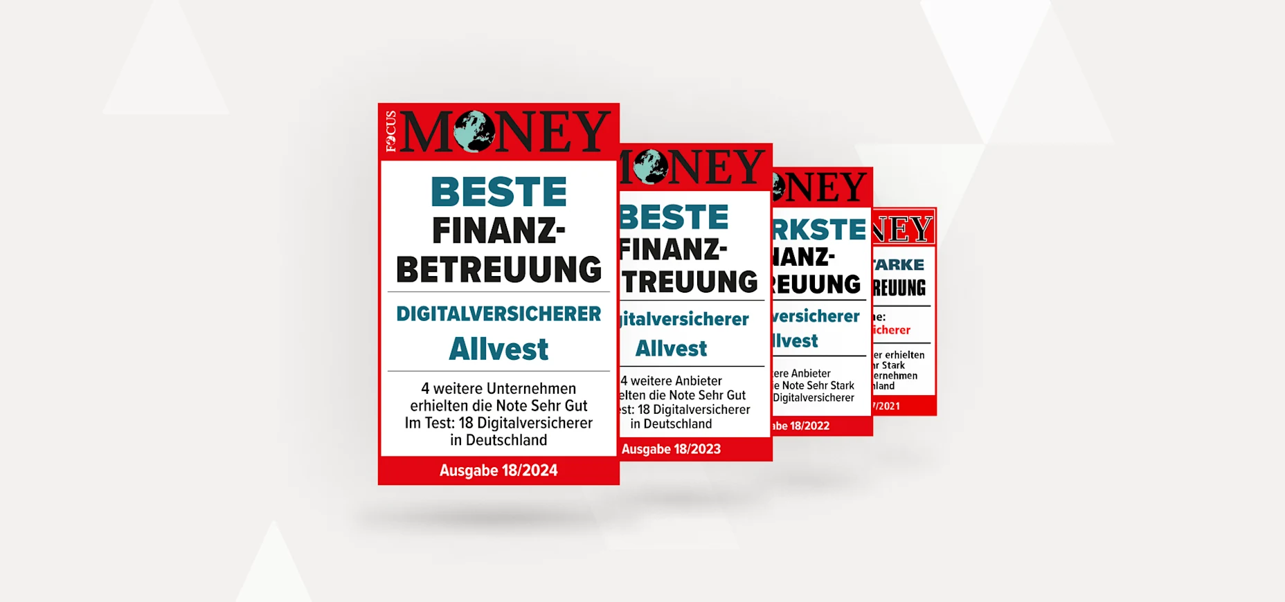 Eine Anreihung von Focus Money Siegeln als Auszeichnung für Allvest für beste Finanzbetreuung.