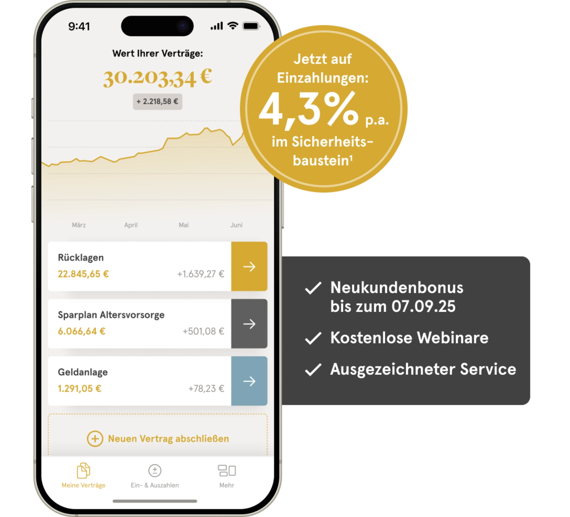 Handy mit Allvest Vertrag und rechts daneben runder Störer mit Hinweis auf Verzinsung bei Einzahlungen