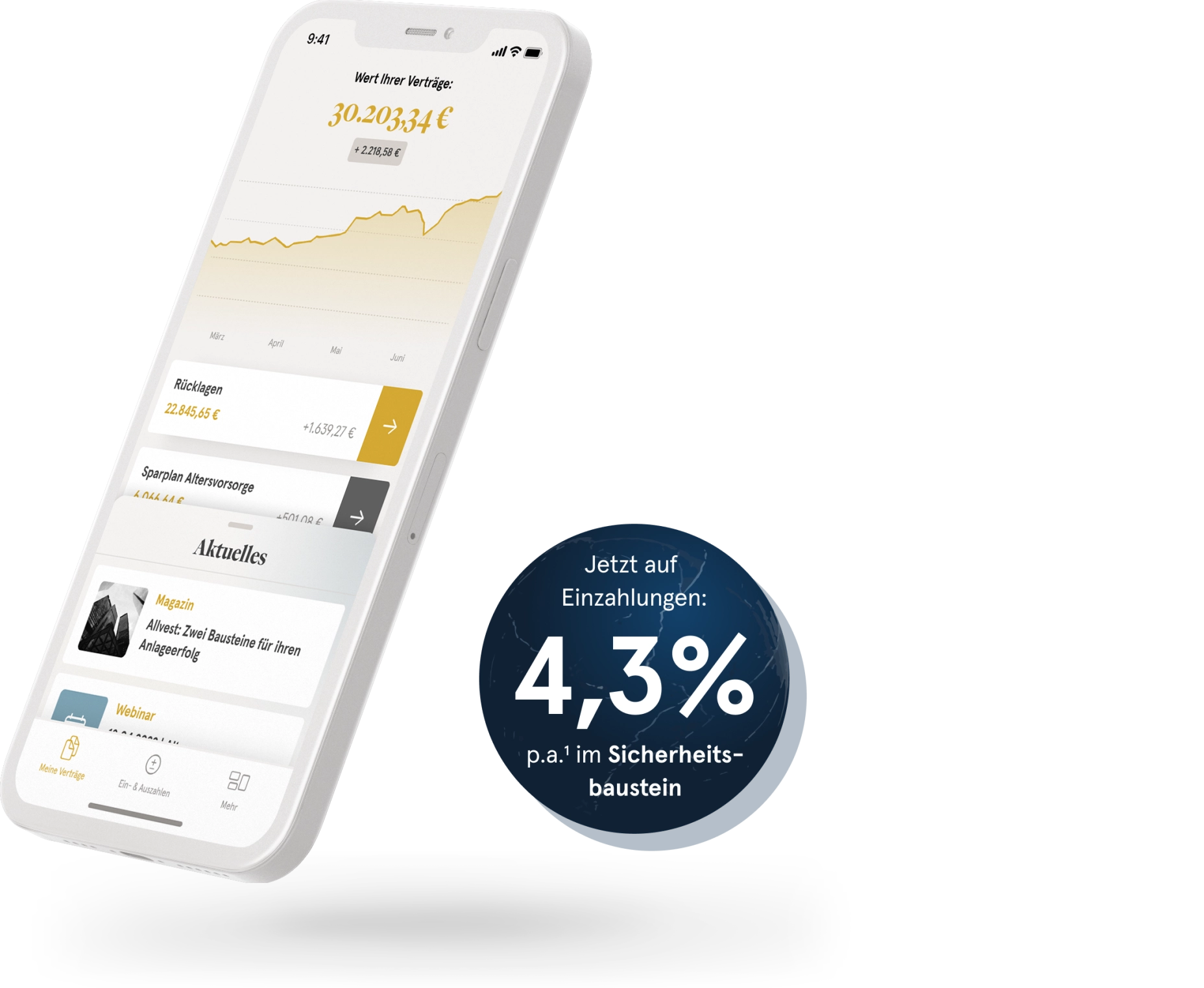 Allvest App auf Smartphone und Text: "Jetzt auf  Einzahlungen: 3,8 % p.a. im Sicherheitsbaustein"