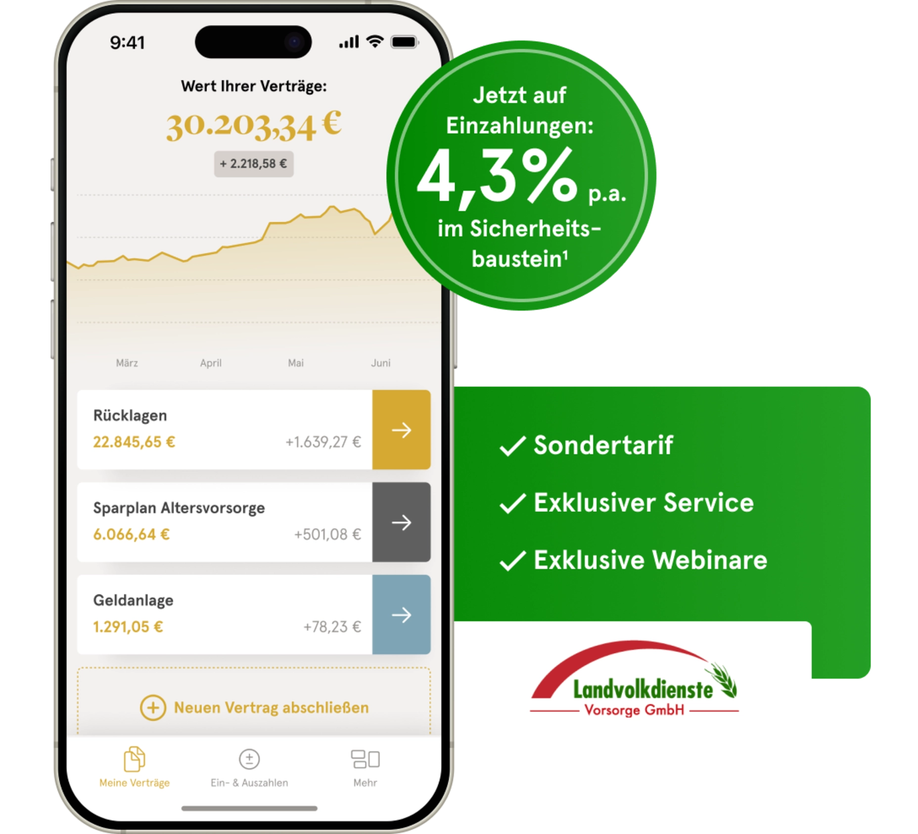 Abbildung Handy mit Allvest Vertrag und Logo Landvolkdienste