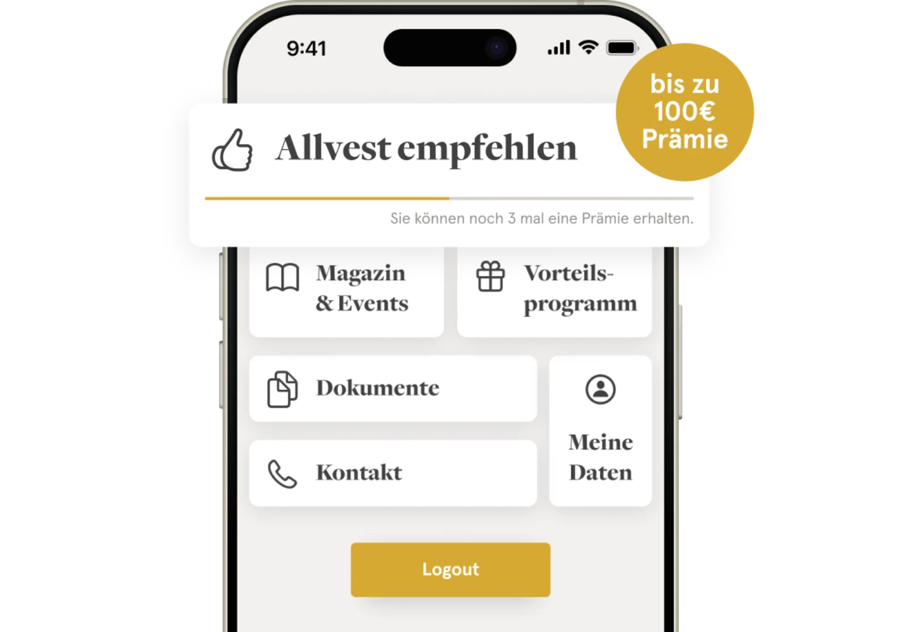 Handy welches ein Allvest Cockpit anzeigt mit dem Hinweis zum Allvest Empfehlungsprogramm.
