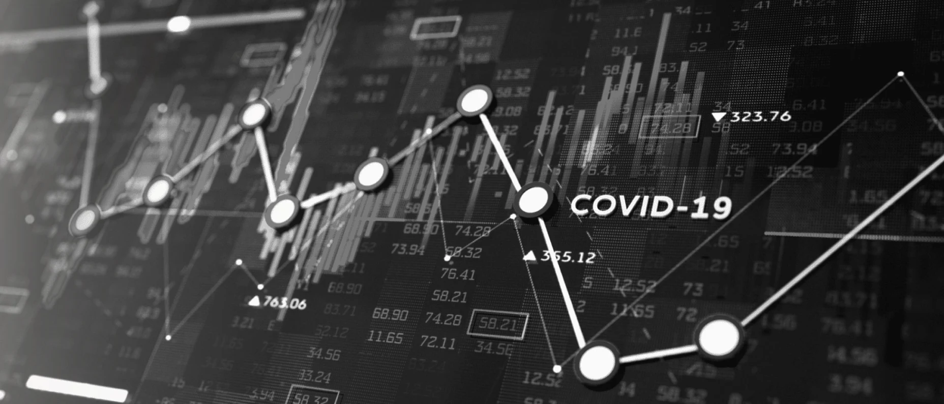 Schwarz-Weiß-Bild eines Börsencharts während der Covid-19 Pandemie.