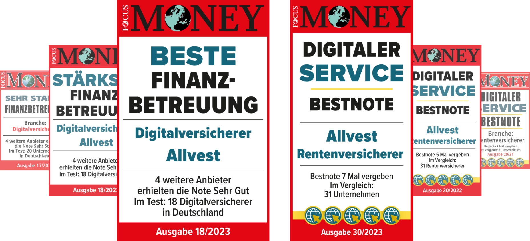 Auszeichnungen von Focus Money der letzten drei Jahre, in den Kategorien "Beste Finanzbetreuung" und "Digitaler Service".