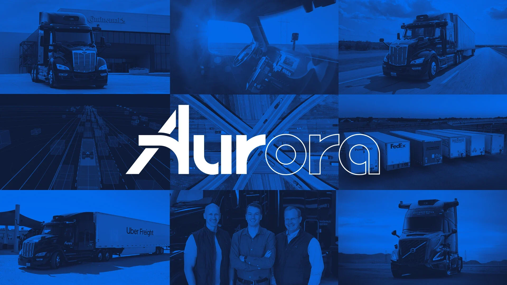 Collage of Aurora trucks, drivers and leadership