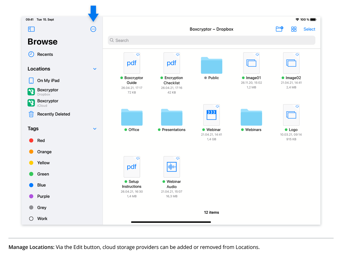 Manage Locations: Via the Edit button, cloud storage providers can be added or removed from Locations.