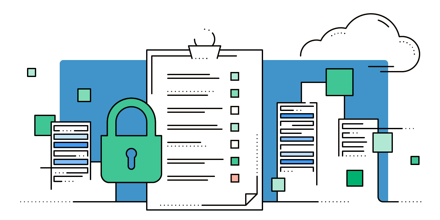 Eine Checkliste umrahmt von Servern, der Cloud und einem Schloss-Symbol