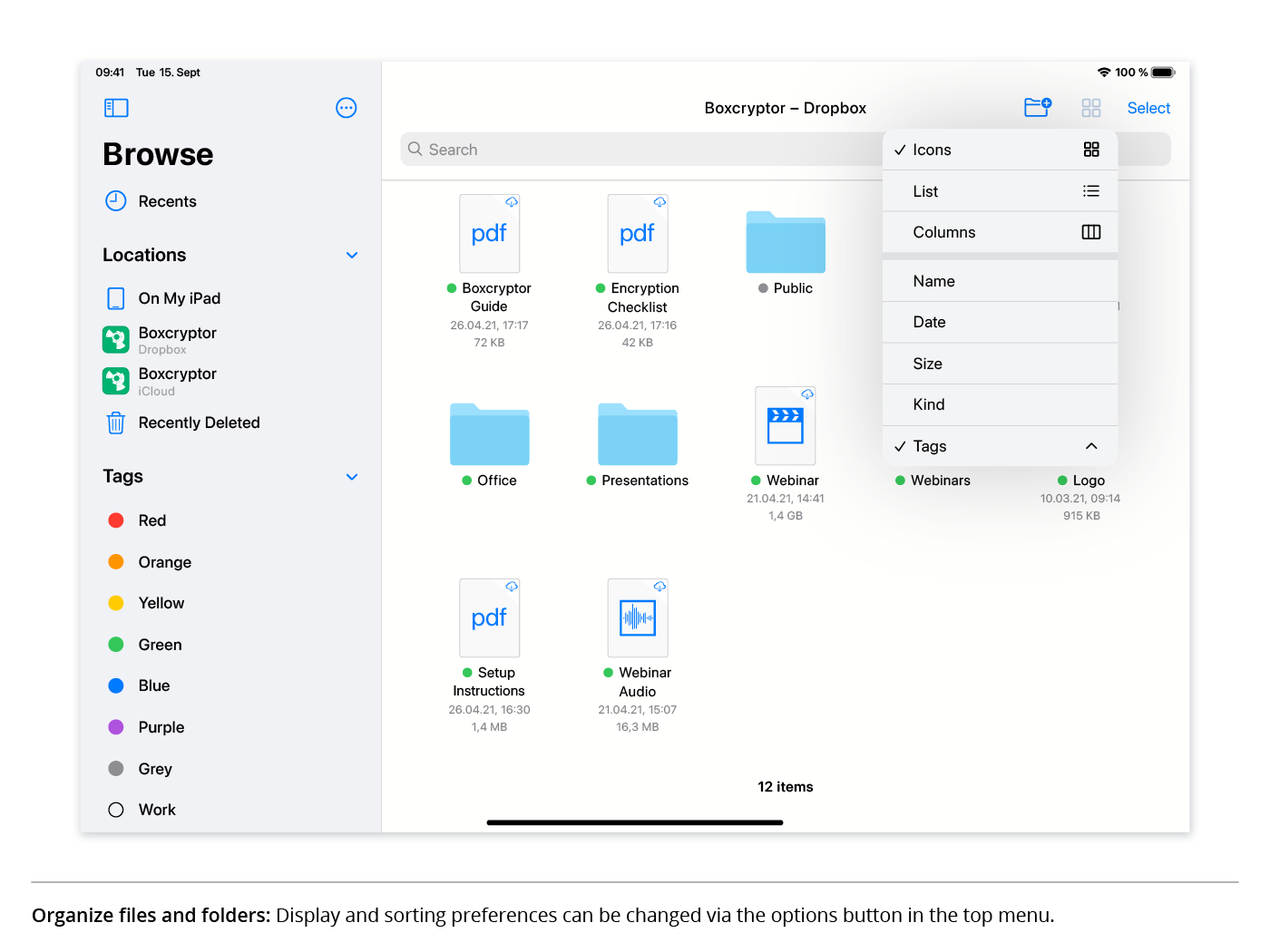 Organize files and folders: Display and sorting preferences can be changed via the options button in the top menu.