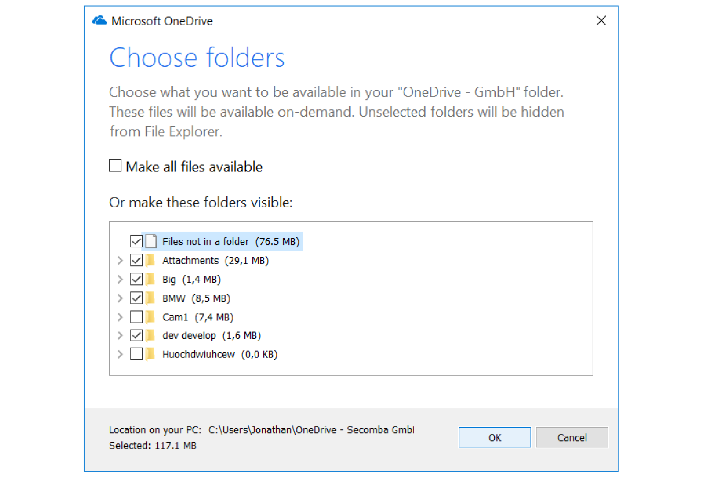 How to select specific folders to be synchronized with the OneDrive for Business client