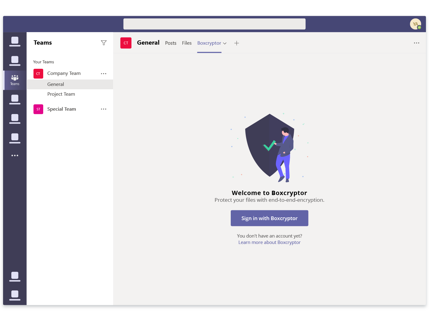 Screenshot of Microsoft Teams. Graphic saying "Welcome to Boxcryptor".