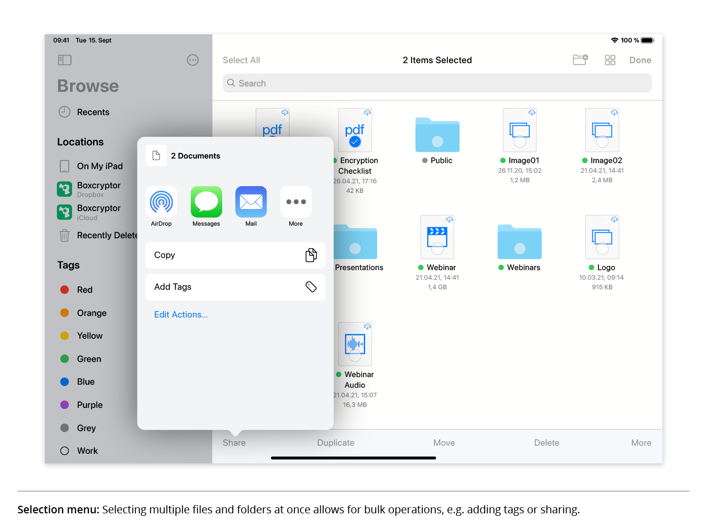 Selection menu: Selecting multiple files and folders at once allows for bulk operations, e.g. adding tags or sharing.