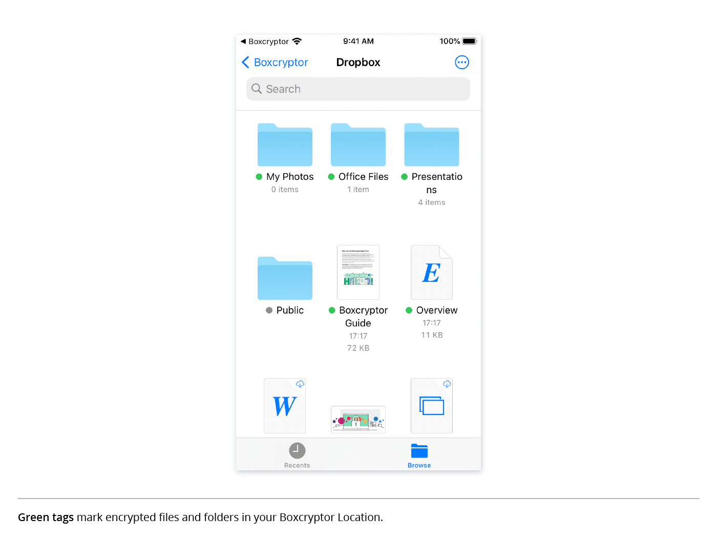 Green tags mark encrypted files and folders in your Boxcryptor Location.