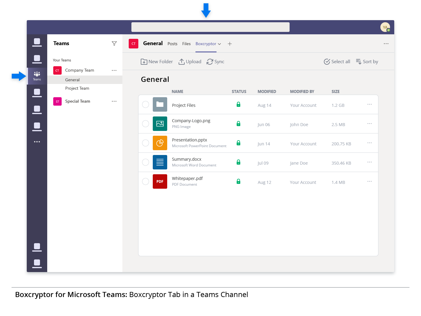 Screenshot of Microsoft Teams with an arrow pointing at the Boxcryptor tab.