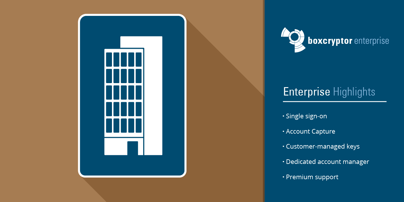 Boxcryptor Enterprise License: Example of use: Cloud security for 50 users and more, without any restrictions: sharing, collaboration and saving enterprise data has never been more convenient and secure at the same time.