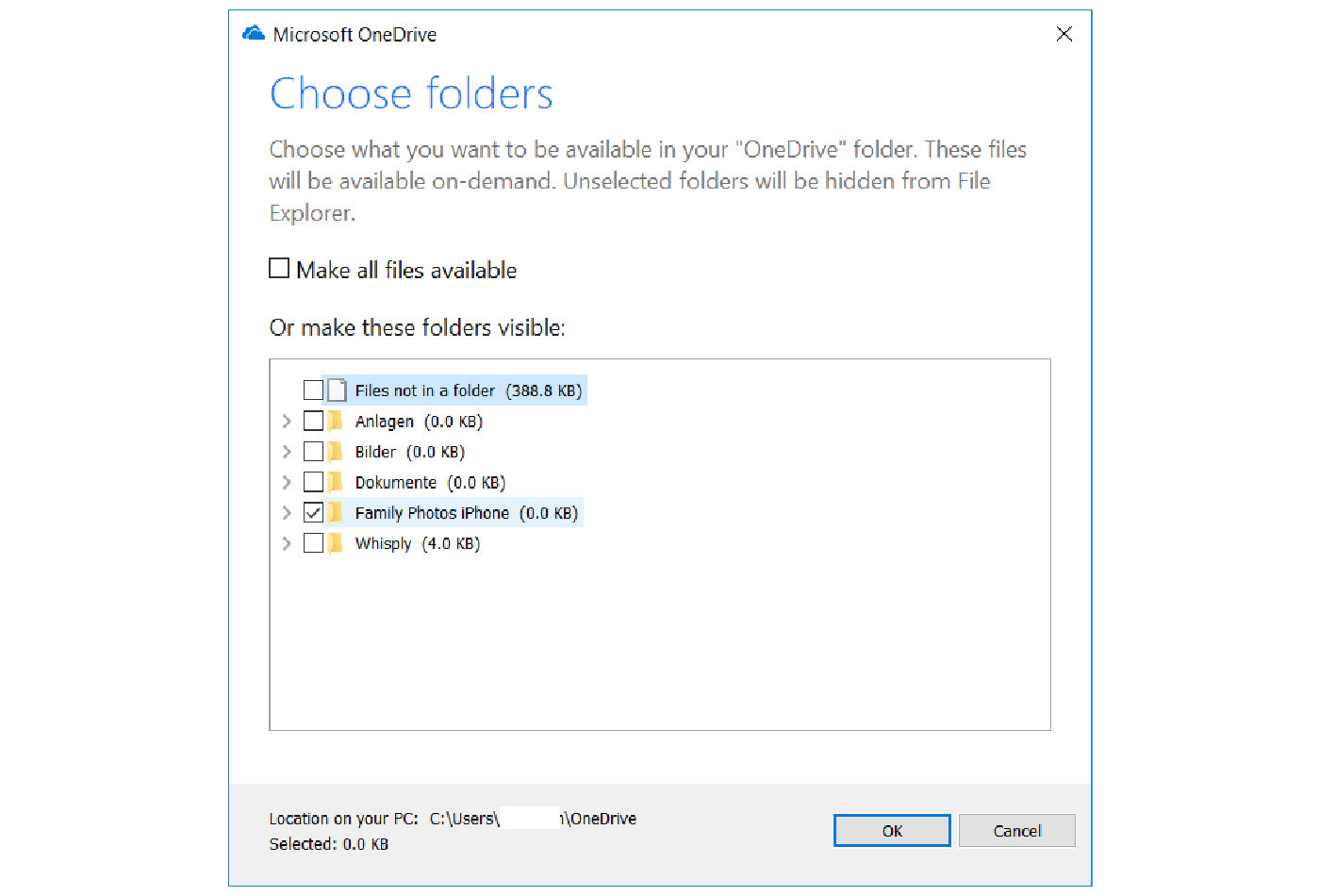 How to select folders to be synchronized in OneDrive Personal, step 2