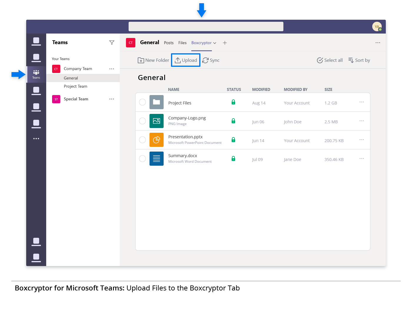 Screenshot of Microsoft Teams with an arrow pointing at the Upload function.