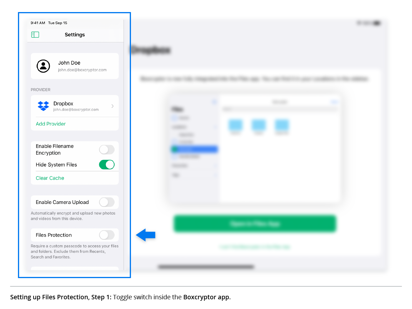 Toggle activation switch inside the Boxcryptor app.