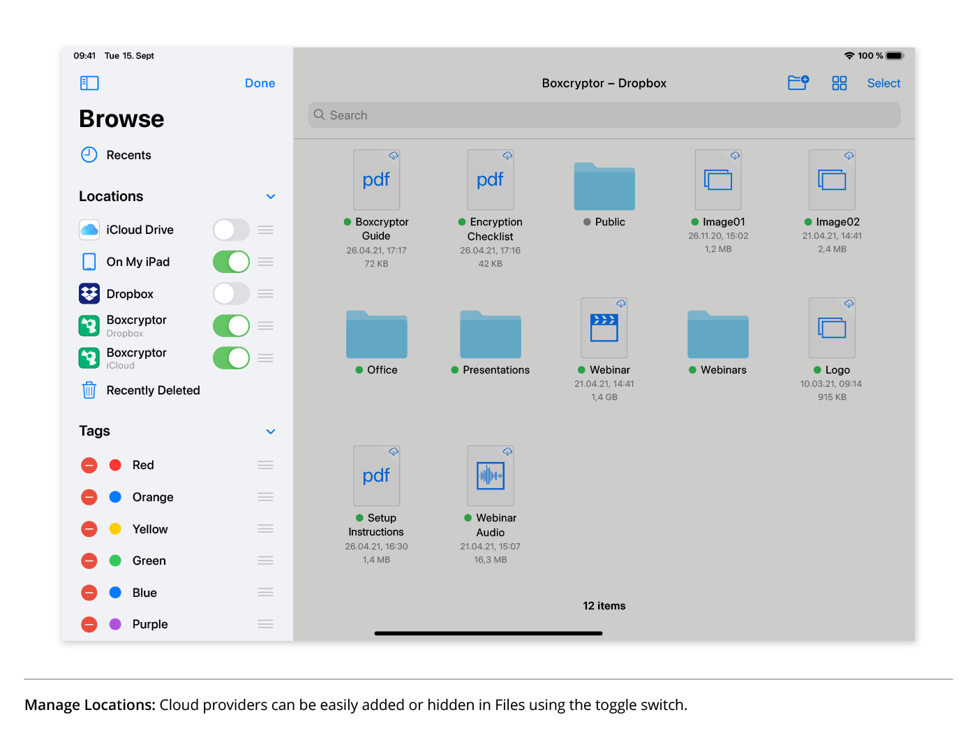 Manage Locations: Cloud providers can be easily added or hidden in Files using the toggle switch.