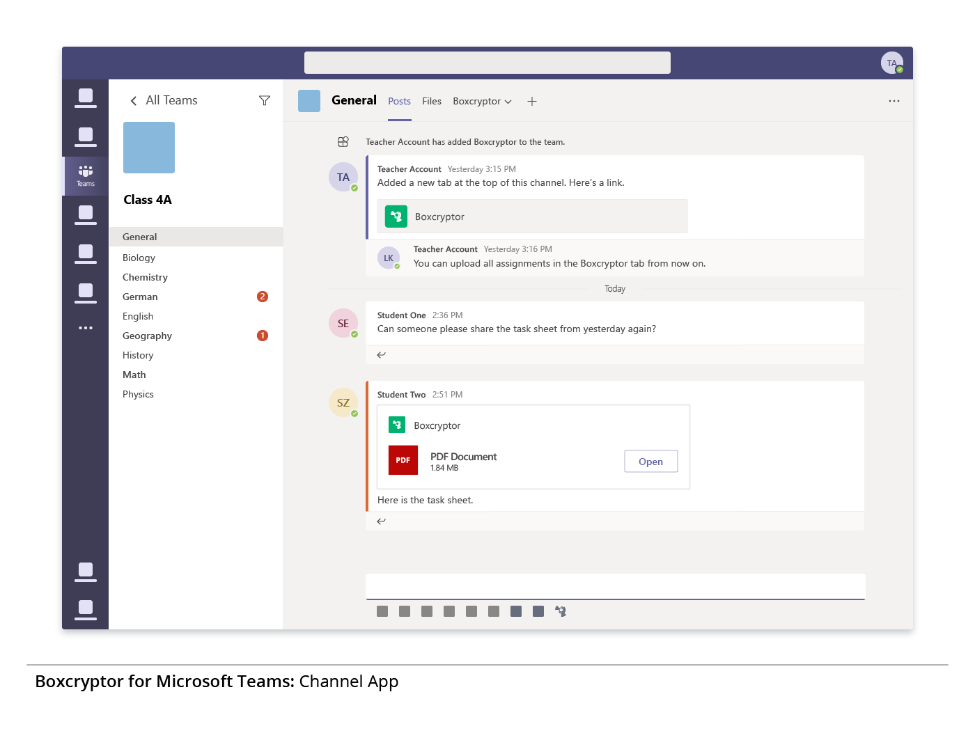 Preview of the integration of the encryption solution Boxcryptor in a Microsoft Teams virtual classroom.