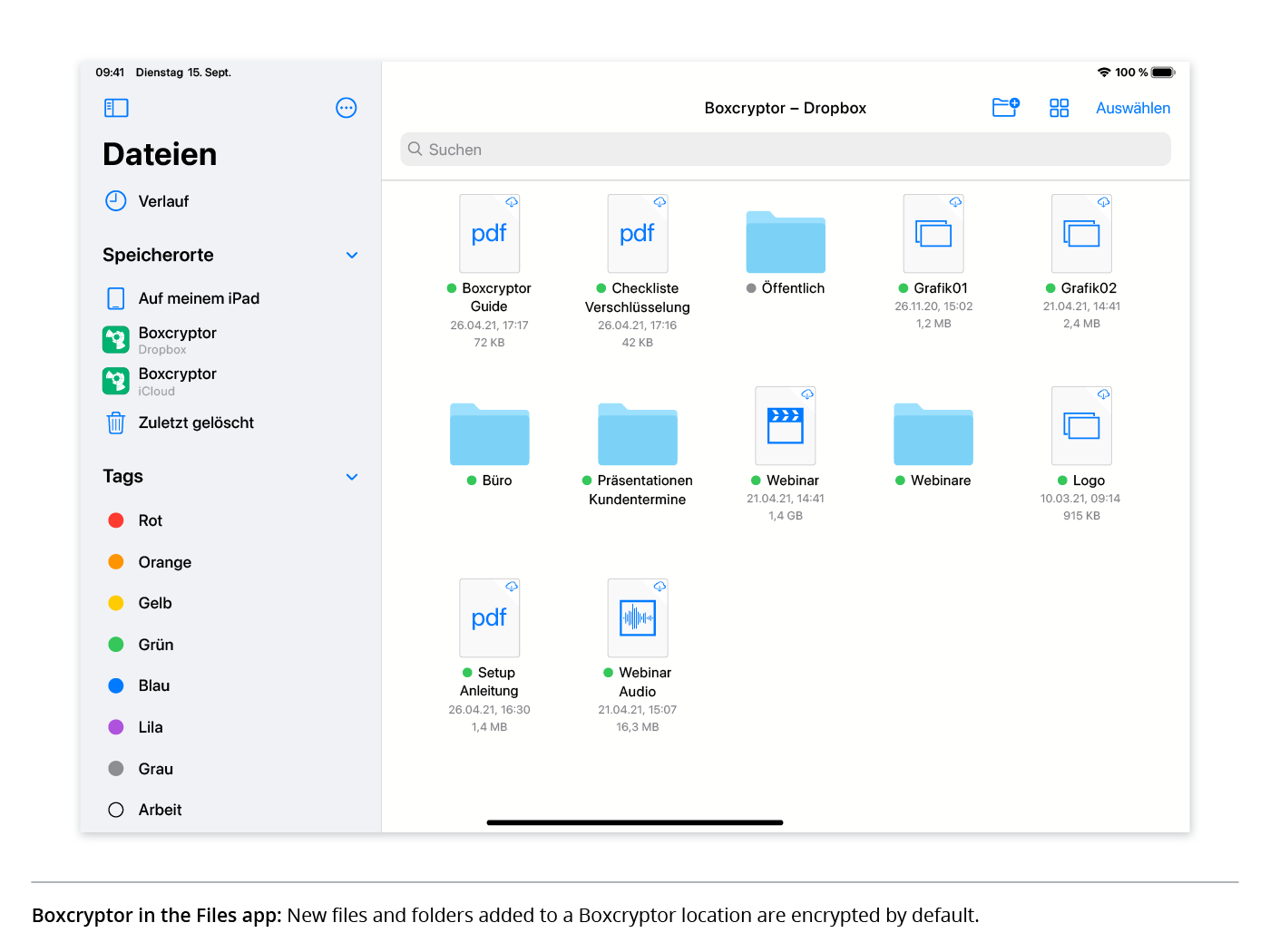 Boxcryptor in the Files app: New files and folders added to a Boxcryptor location are encrypted by default.