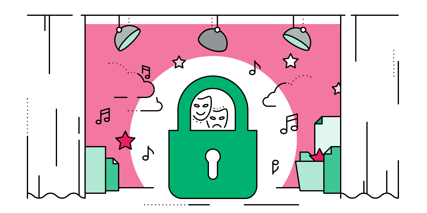 The picture shows a green padlock on a theater stage in front of a pink stage design.