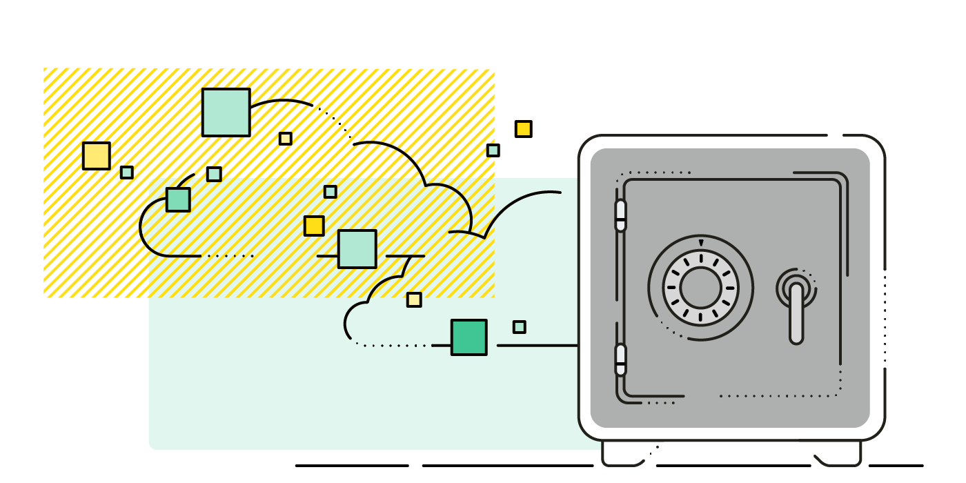 A closed safe in front of multiple data squares stored in different clouds.