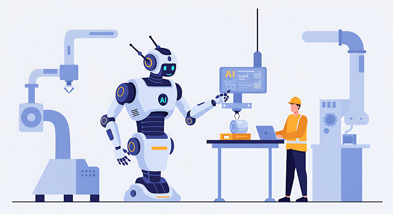 A graphic of a robot and a worker with a computer
