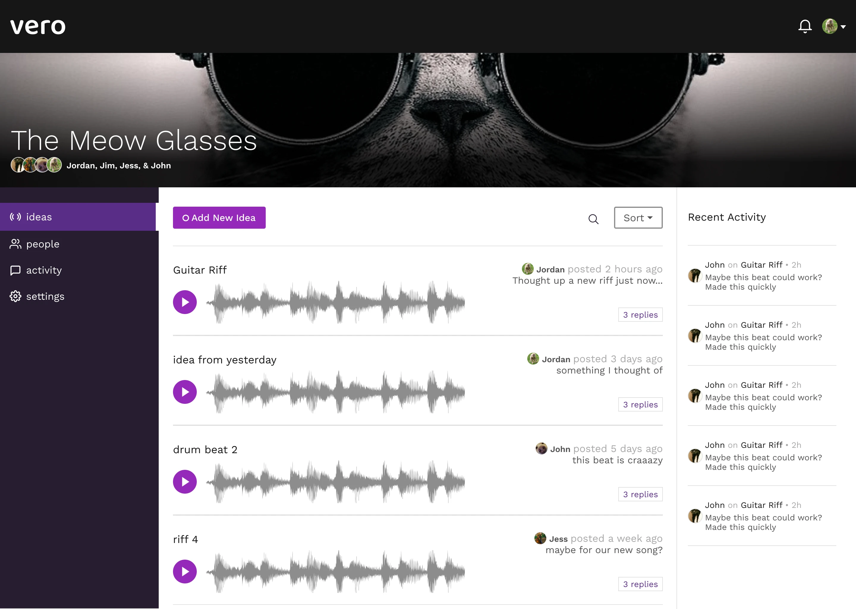 Desktop interface showing ideas within a group