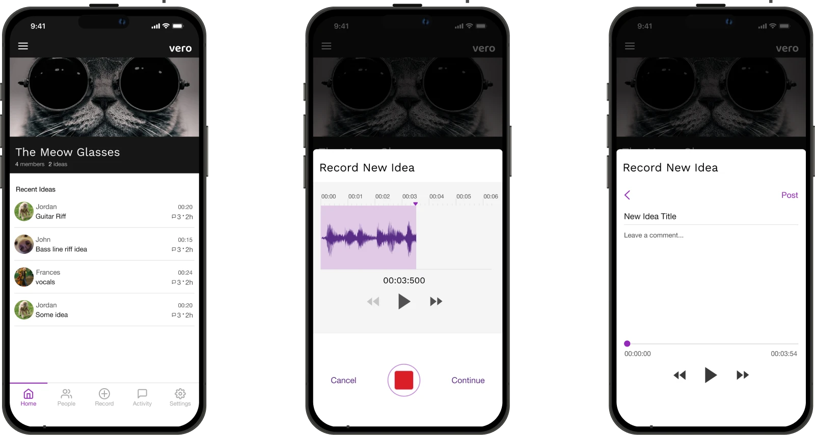 Mobile interface showing group ideas and recording functionality
