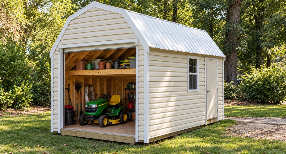 Riding mower parked inside a lofted barn with garden supplies stored in the loft