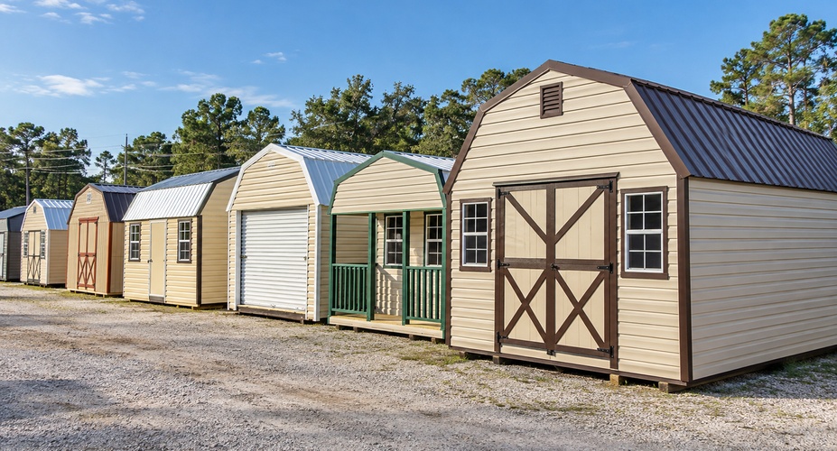 Row of lofted barns on display at our Orange Park FL lot