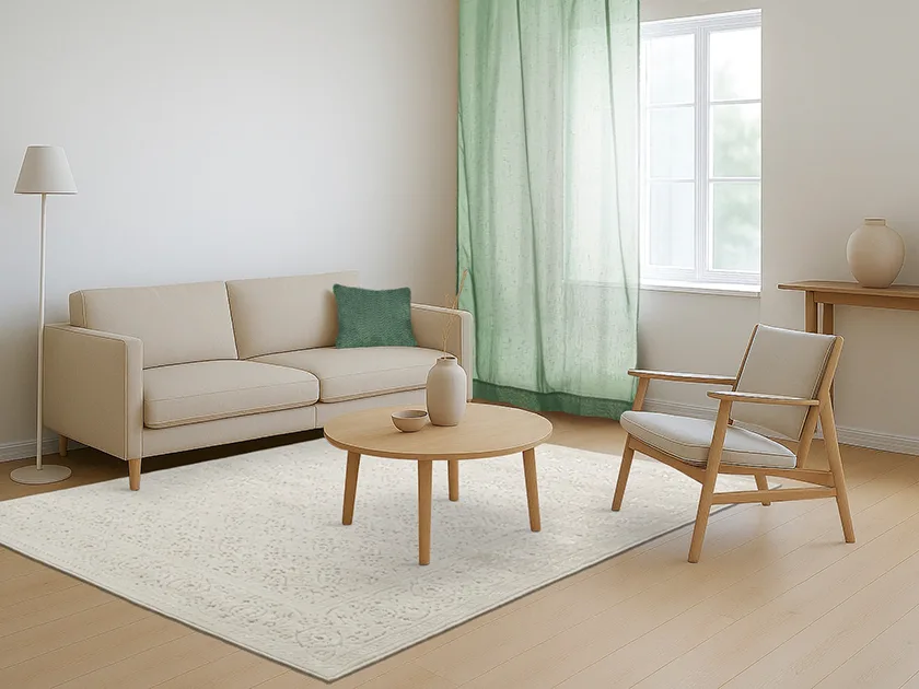 Vaalea olohuone, jonka ikkunassa on vihreä sivuverho