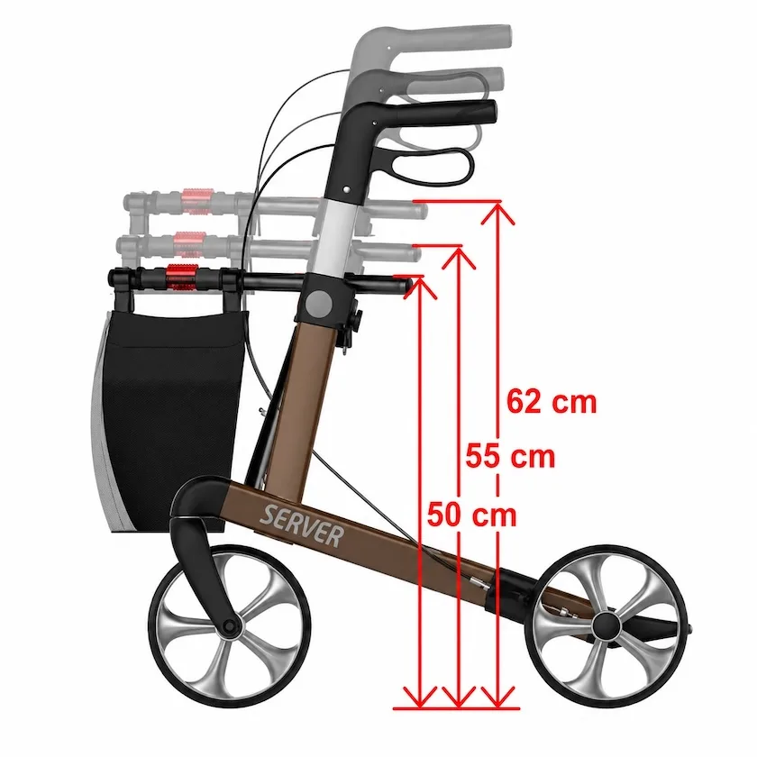 Rollaattorin korkeussäätökuva. Kahvojen kolme säätöasentoa on esitetty päällekkäisinä kuvina. Kahvojen korkeudet maasta ovat 50 cm, 55 cm ja 62 cm. Punaiset mittanuolet havainnollistavat säätökorkeuksia.