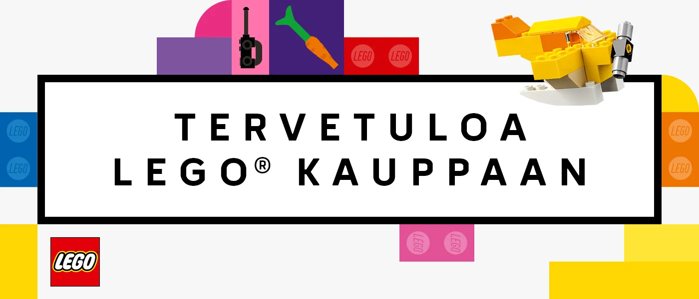 Tervetuloa LEGO kauppaan. Lego-logo.
