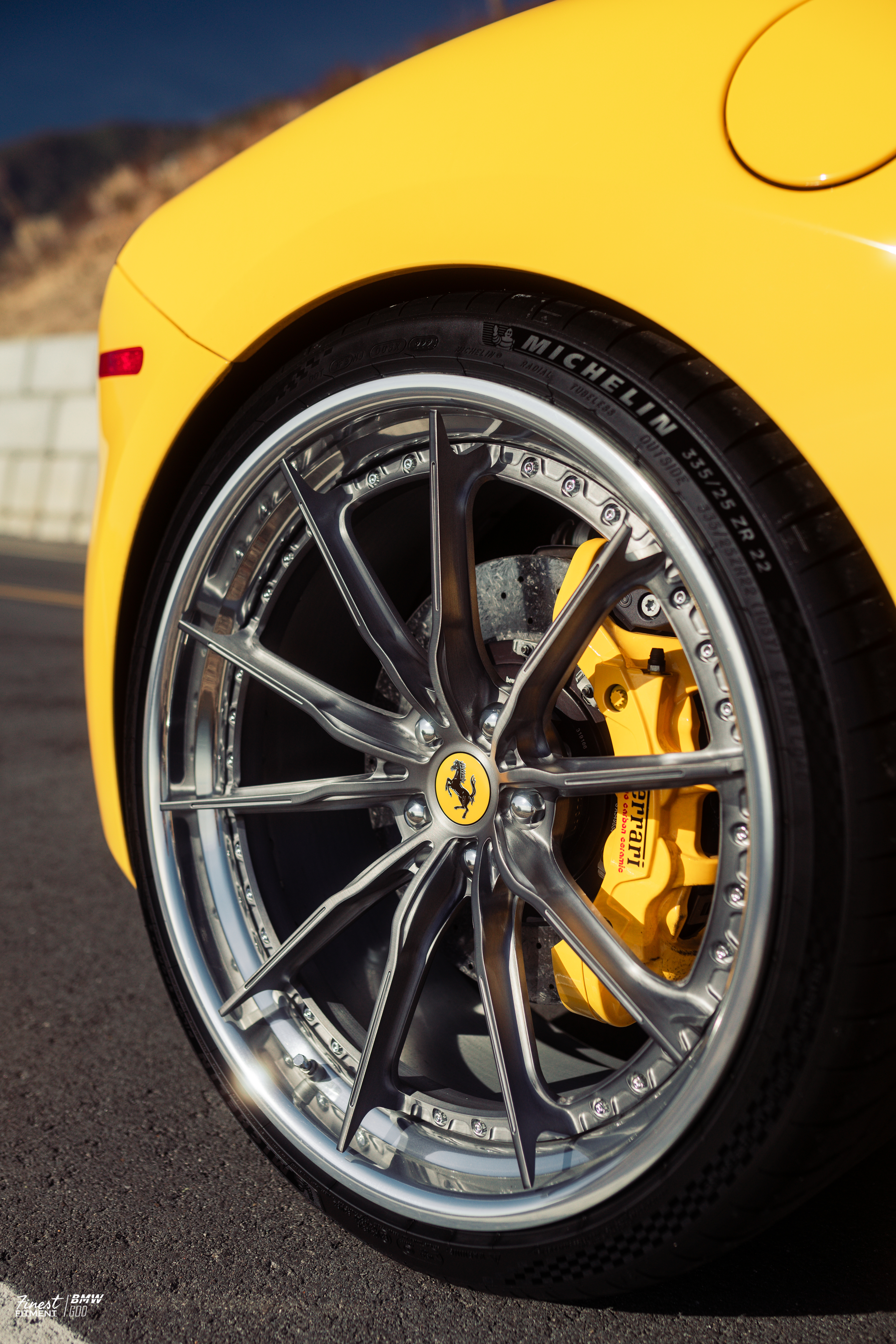 Ferrari 488 GTB with Motivo Forged CS-M custom wheels in frozen brushed gunmetal face and gloss polished clear lip rear wheel side view