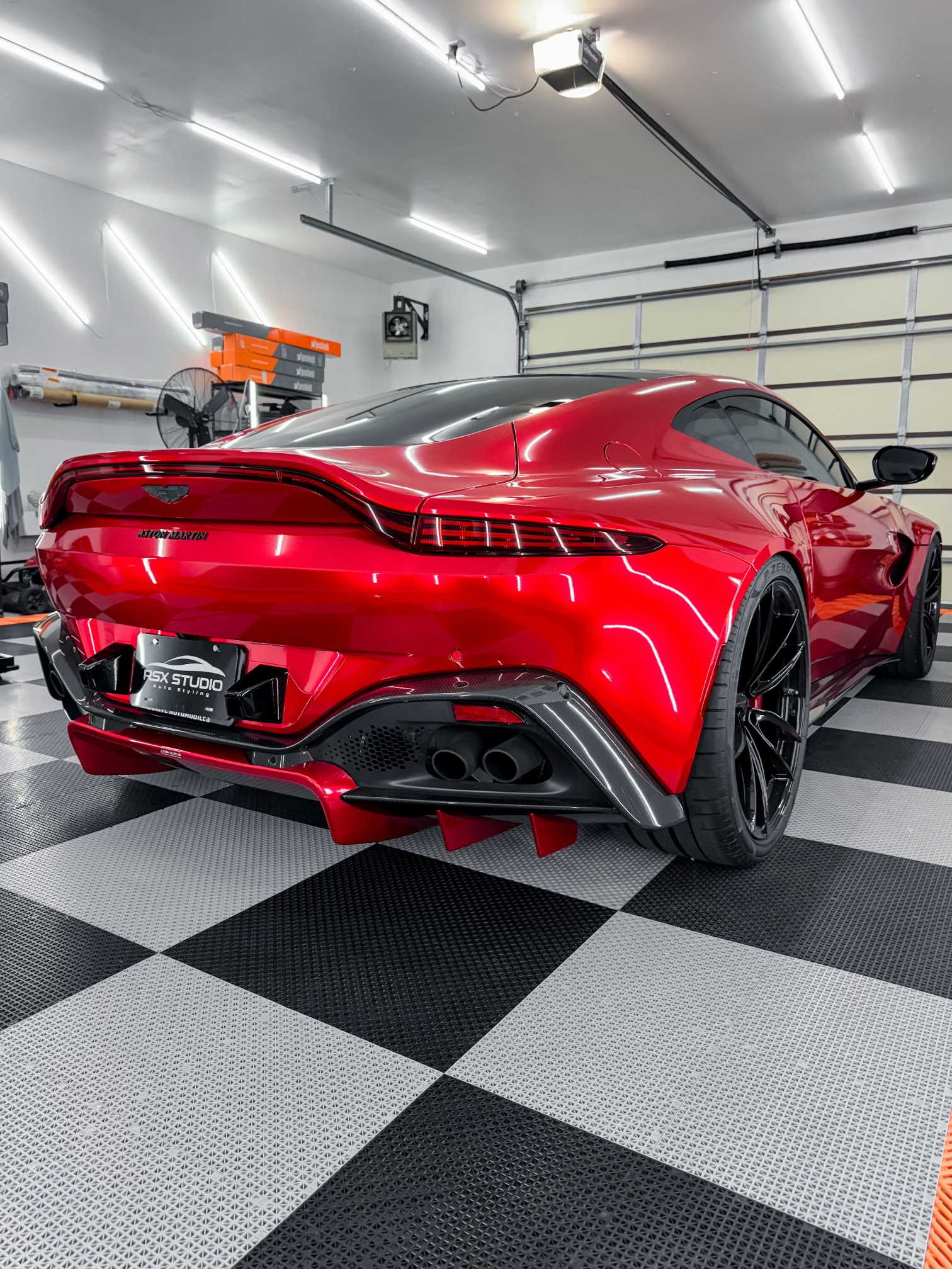 Aston Martin Vantage with Motivo Forged MB-D custom wheels in gloss black finish rear side view
