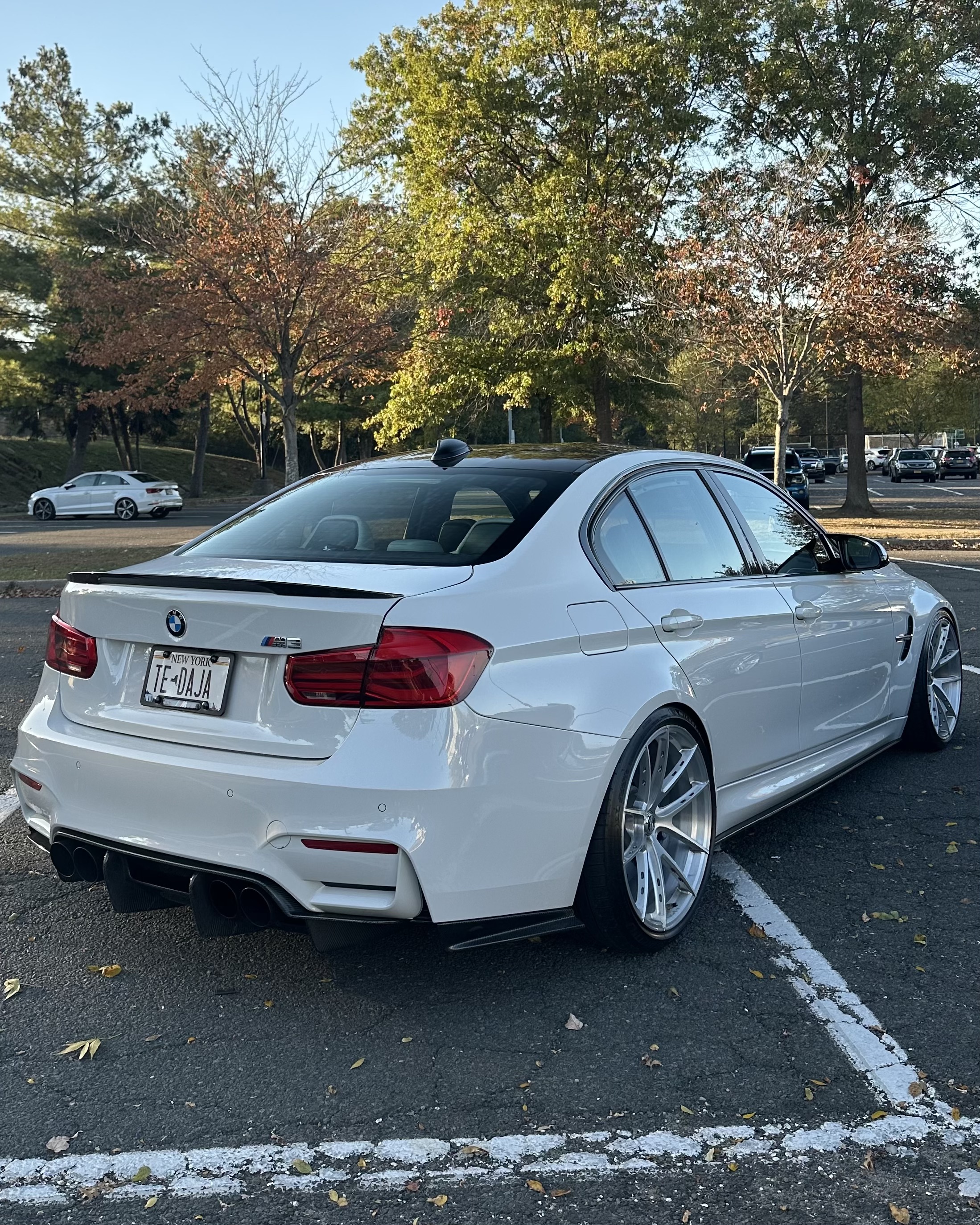 F80 BMW M3 with Motivo Forged MB-K custom wheels in gloss brushed clear finish rear side view