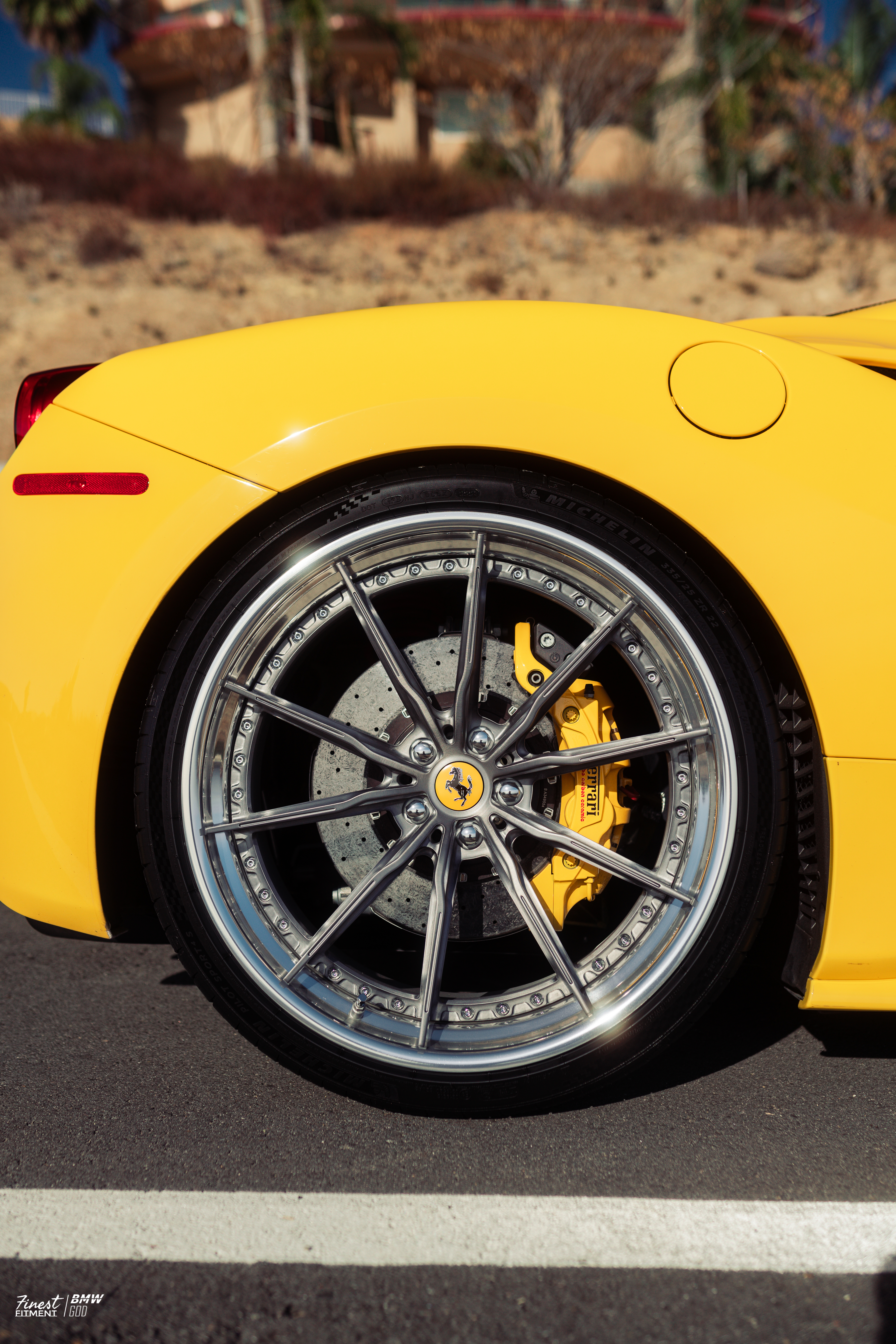 Ferrari 488 GTB with Motivo Forged CS-M custom wheels in frozen brushed gunmetal face and gloss polished clear lip wheel view