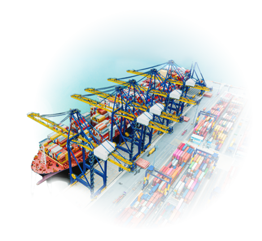 Shipping port with moving cranes transporting cargo